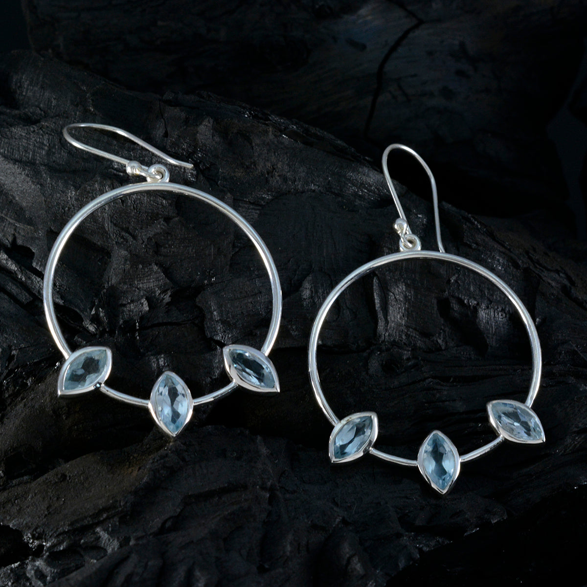 Blauwe Topaas Egyptische Lili Trilogie Dangle Blauwe 925 Zilveren Oorbel Secundaire afbeelding