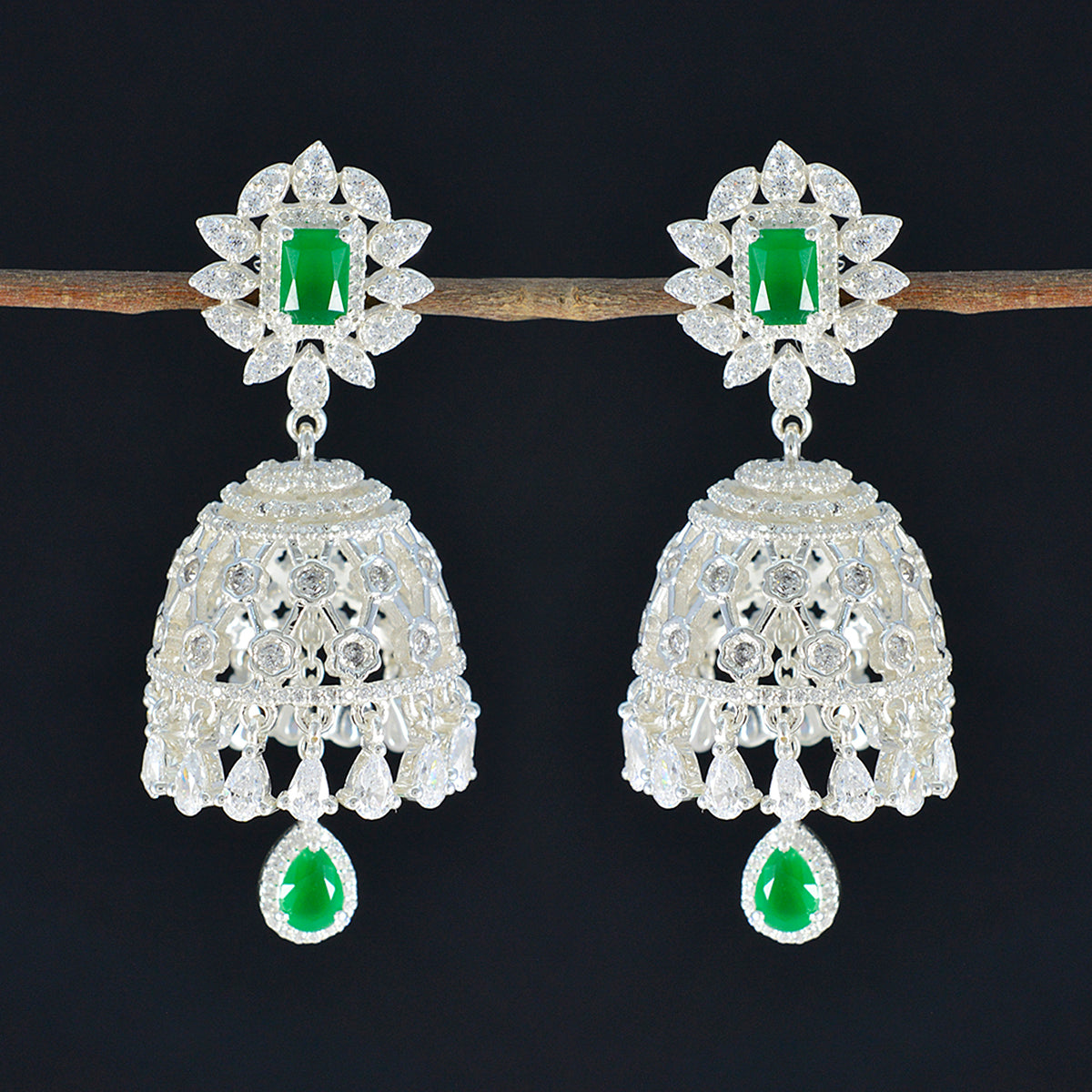 Emerald-CZ-Indian-Dewi-multiple-Stud-Green-925-Sterling-Silver-Earring