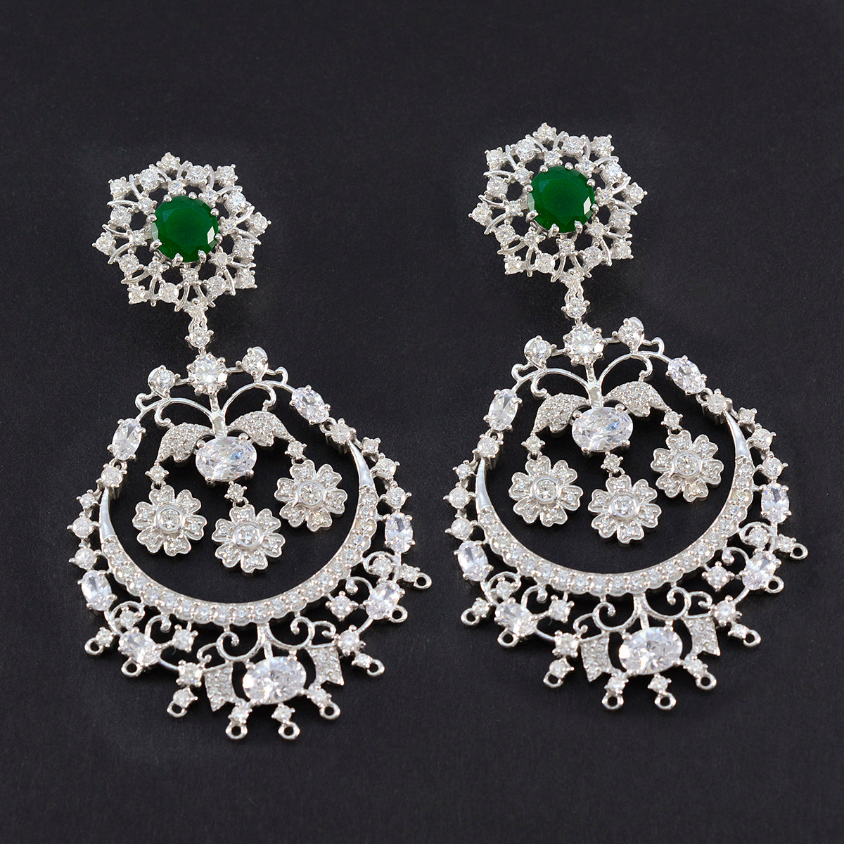Emerald CZ Indian Lakshmi multiple Stud Green Sterling Silver Earring Secondary image