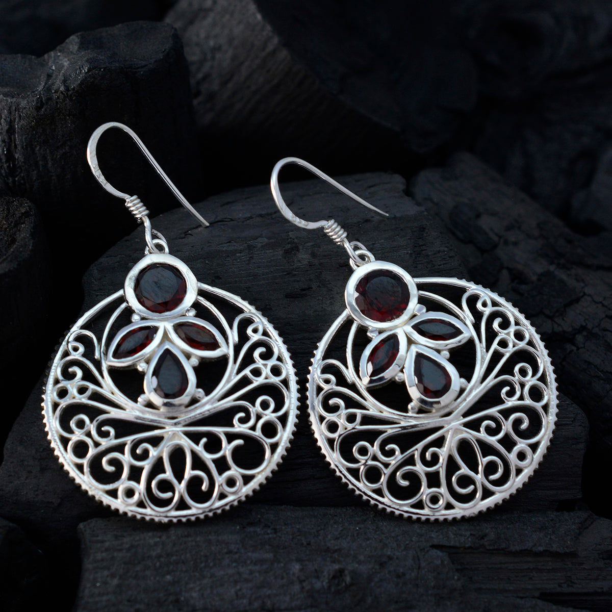 Garnet-Middle-Eastern-Ivy-quarter-Dangle-Red-925-Silver-Earring