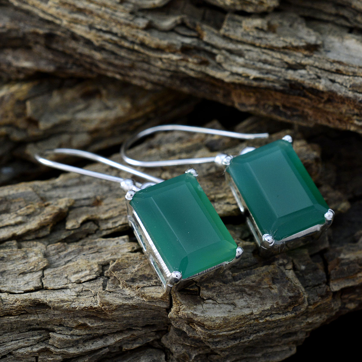 Grüner Onyx-Französische Julia-Solitär-Ohrhänger-Grün-925-Silber