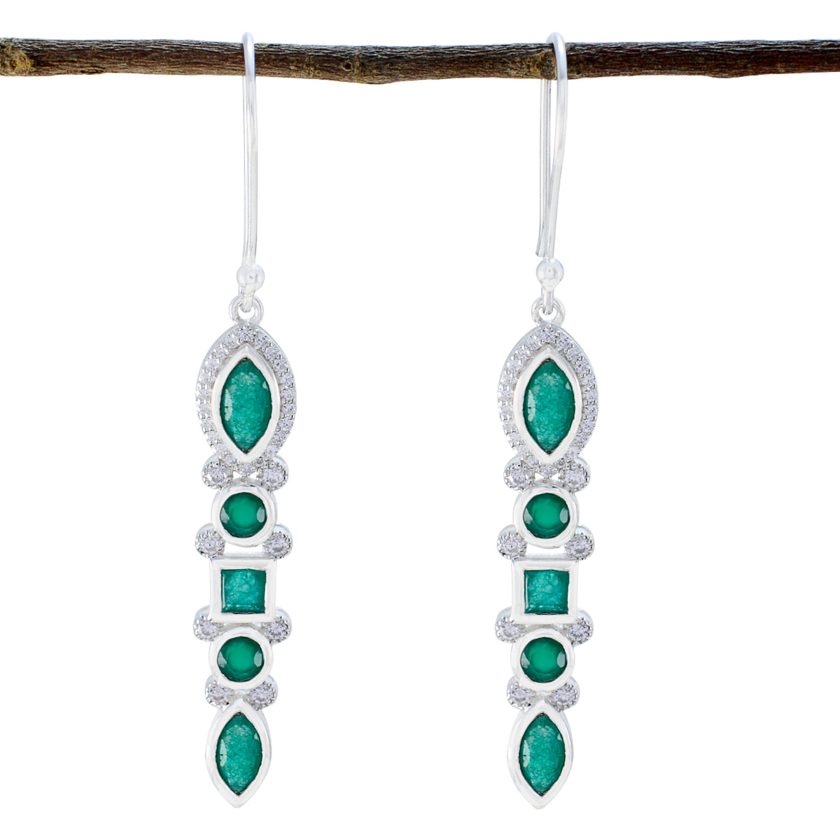 Indian-Emerald-Turkish-Aaliyah-multiple-Dangle-Green-925-Sterling-Silver-Earring