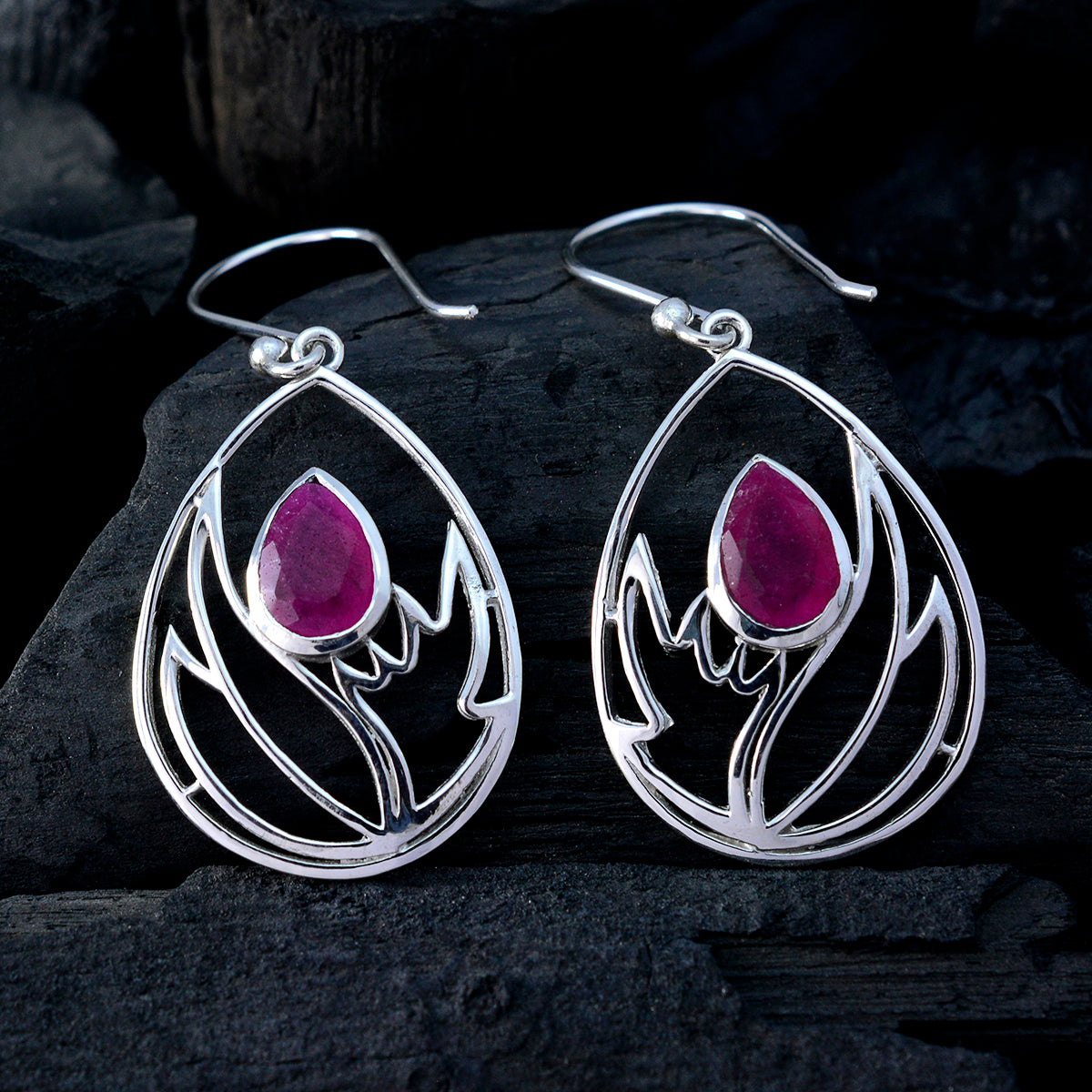 Indischer Rubin-Italienischer Josephine-Solitär-Ohrhänger-Rot-92,5-Silber