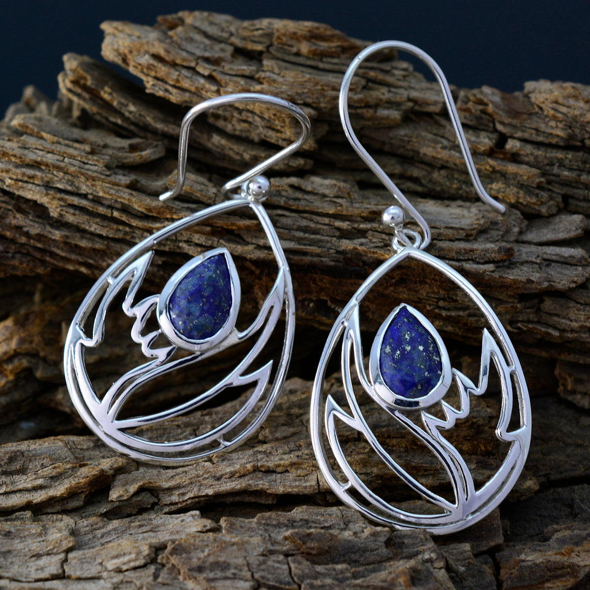 Lapis-Lazuli-French-Sofía-Solitaire-Dangle-Blue-Silver-Earring