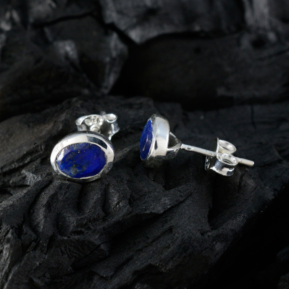 Lapis-Lazuli-Latin-American-Ling-Solitaire-Stud-Blue-925-Silver-Earring