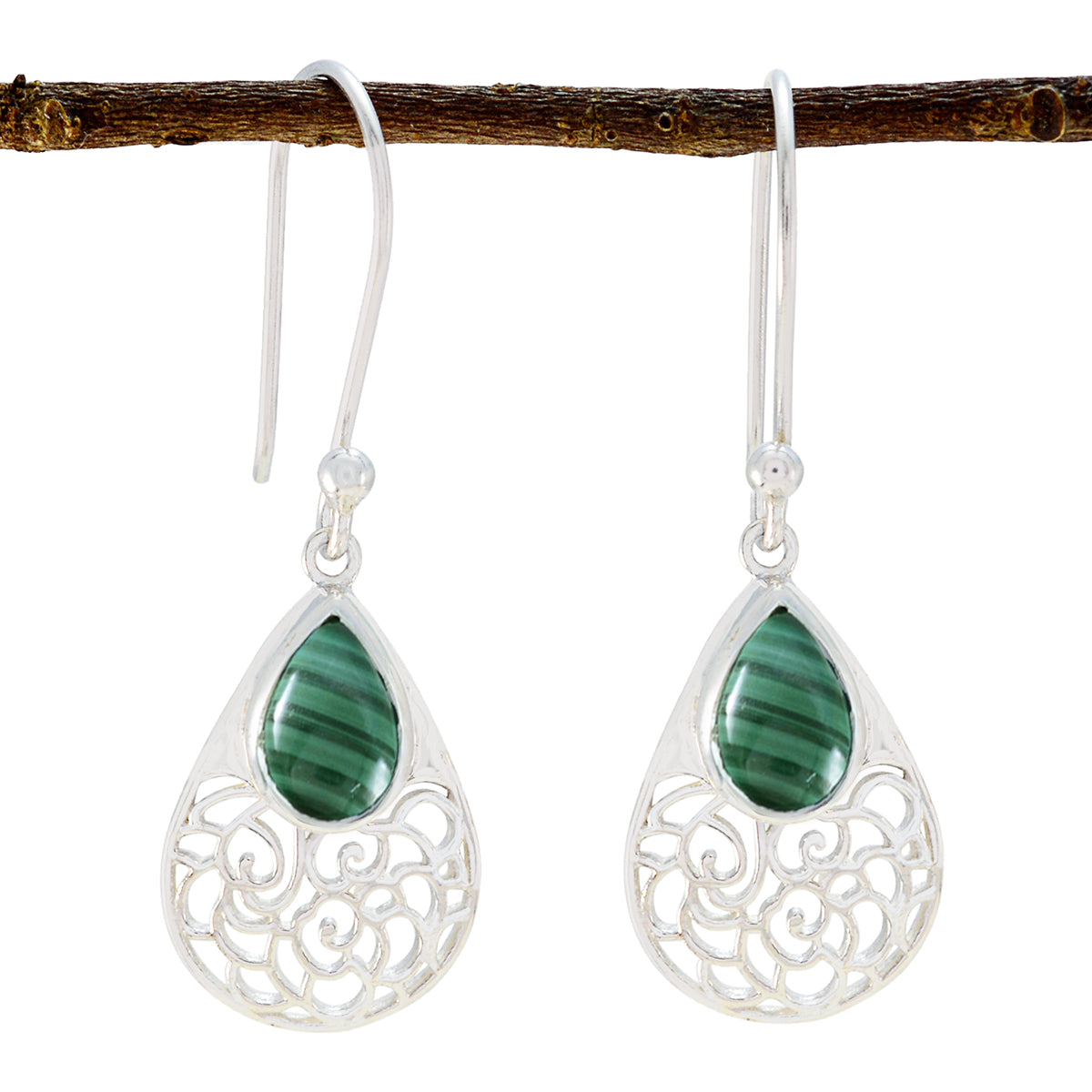 Malachite-Korean-Mila-Solitaire-Dangle-Green-Silver-Earring