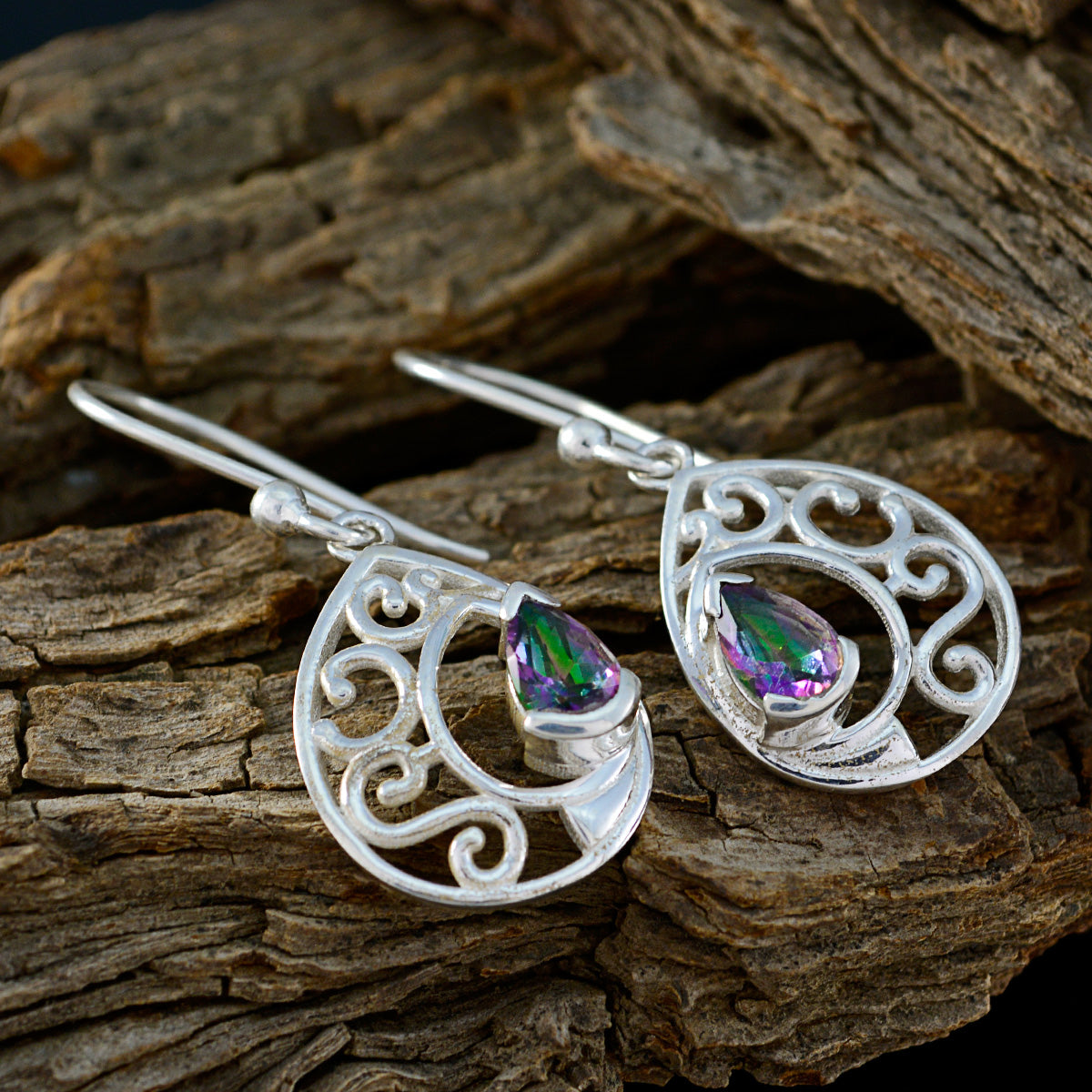 Mystic-Quartz-Spanish-Elena-Solitaire-Dangle-multicolor-Silver-Earring