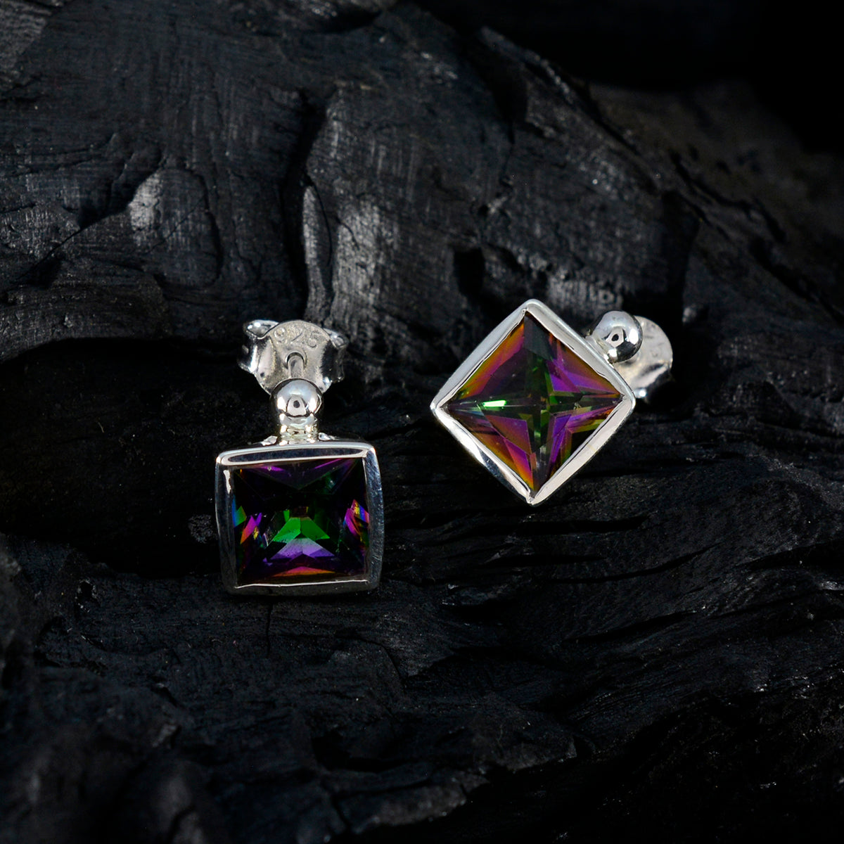 Mystic Quartz Japanse Laura Solitaire Stud veelkleurige Sterling Zilveren Oorbel Secundaire afbeelding