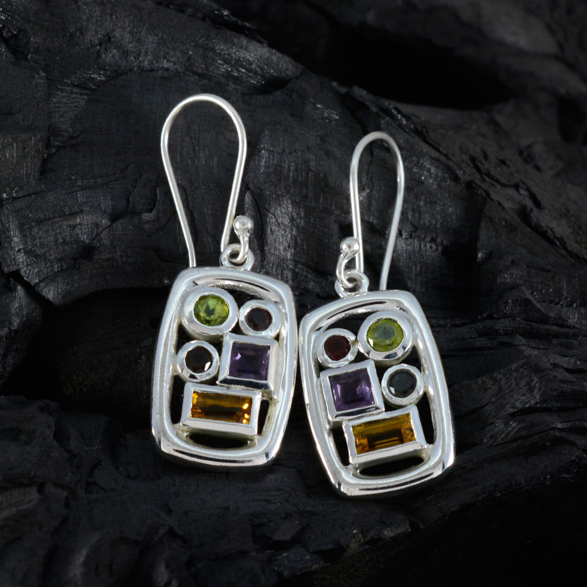 Multi-Japanese-Gabriela-Penta-Dangle-multicolor-Silver-Earring