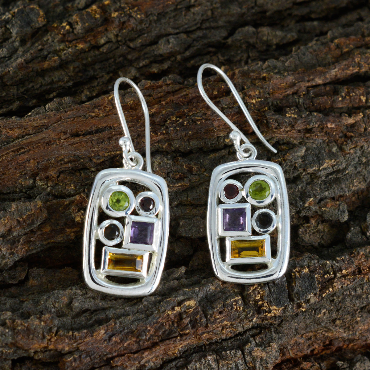 Multi-Japanese-Gabriela-Penta-Dangle-multicolor-Silver-Earring