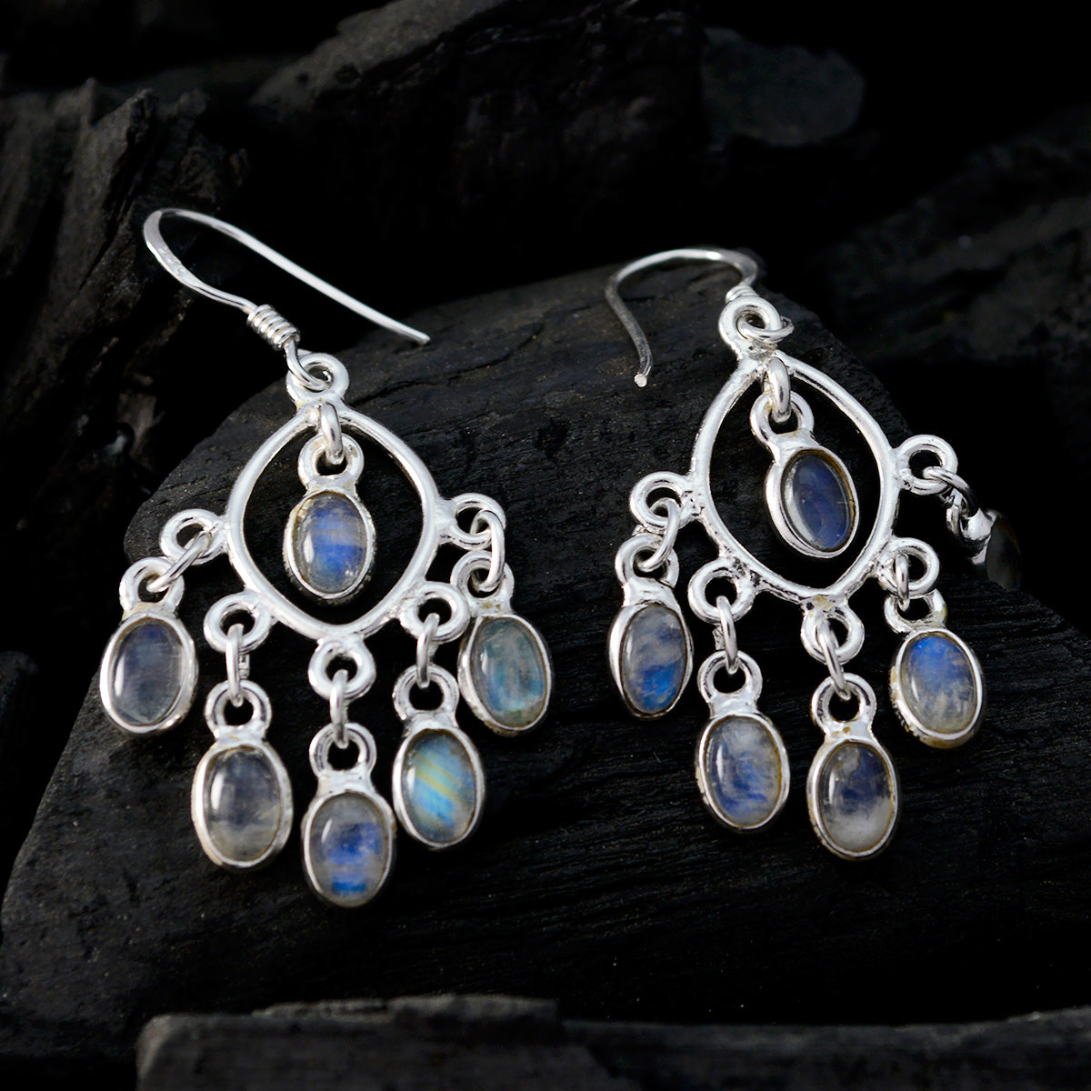 Rainbow Moonstone French Jia multiple Dangle White Silver Earring Secondary image