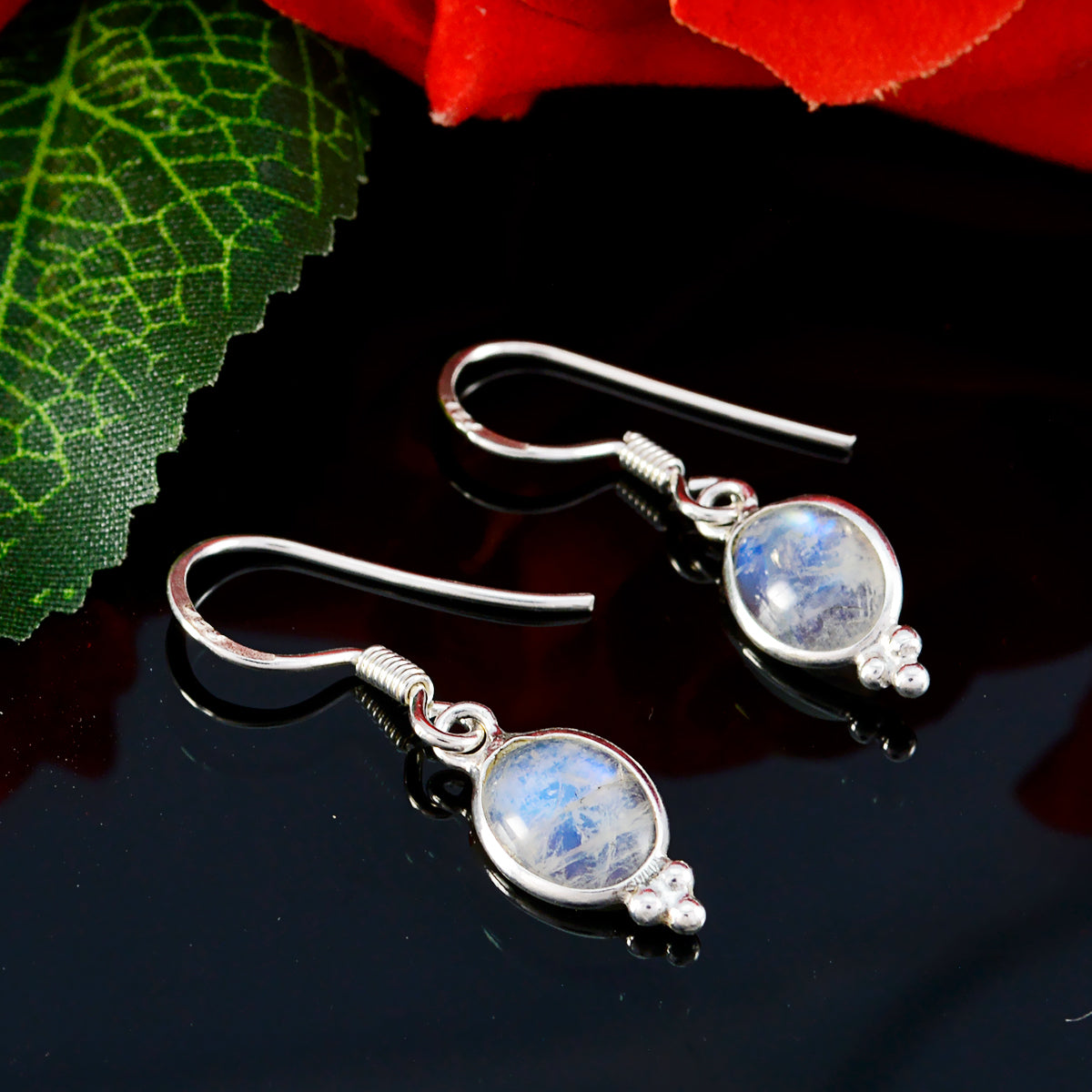 Boucles d'oreilles pendantes multiples en argent blanc et pierre de lune arc-en-ciel, style américain Aisha Image secondaire du produit