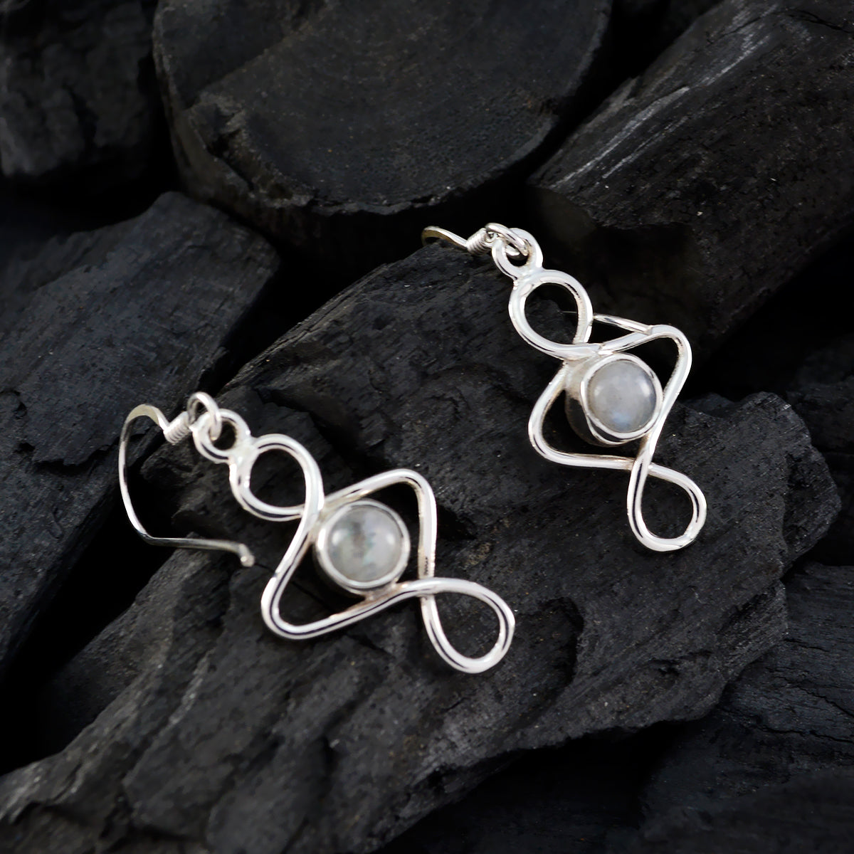 レインボームーンストーン ジャパニーズ エミリー ソリティア ダングル ホワイト 925 シルバー イヤリング サブ画像