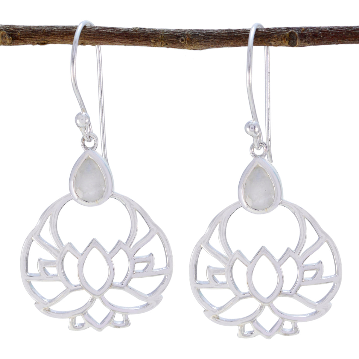 Rainbow-Moonstone-Latin-American-Rosa-Solitaire-Dangle-White-92.5-Silver-Earring Huvudsaklig produktbild