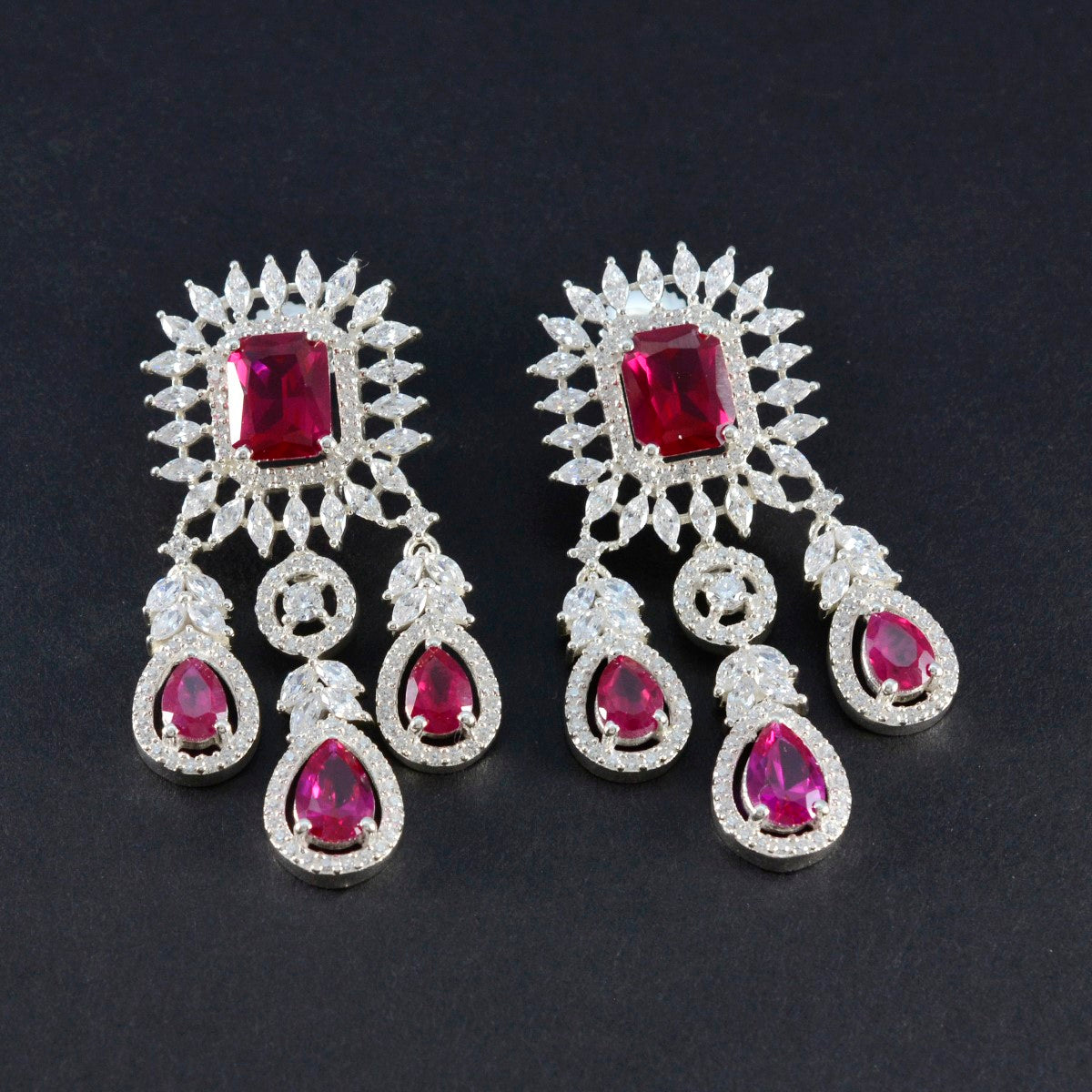 Ruby CZ Indian Ayesha multiple Stud Red Silver Earring Второстепенное изображение товара