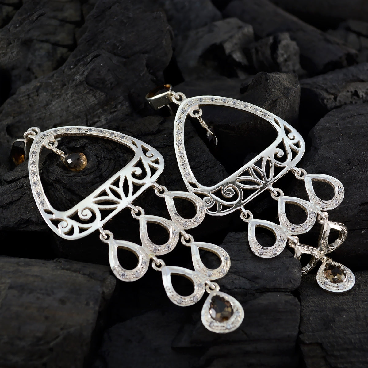 Smoky-Quartz-Indian-Maria-multiple-Dangle-Brown-925-Sterling-Silver-Earring