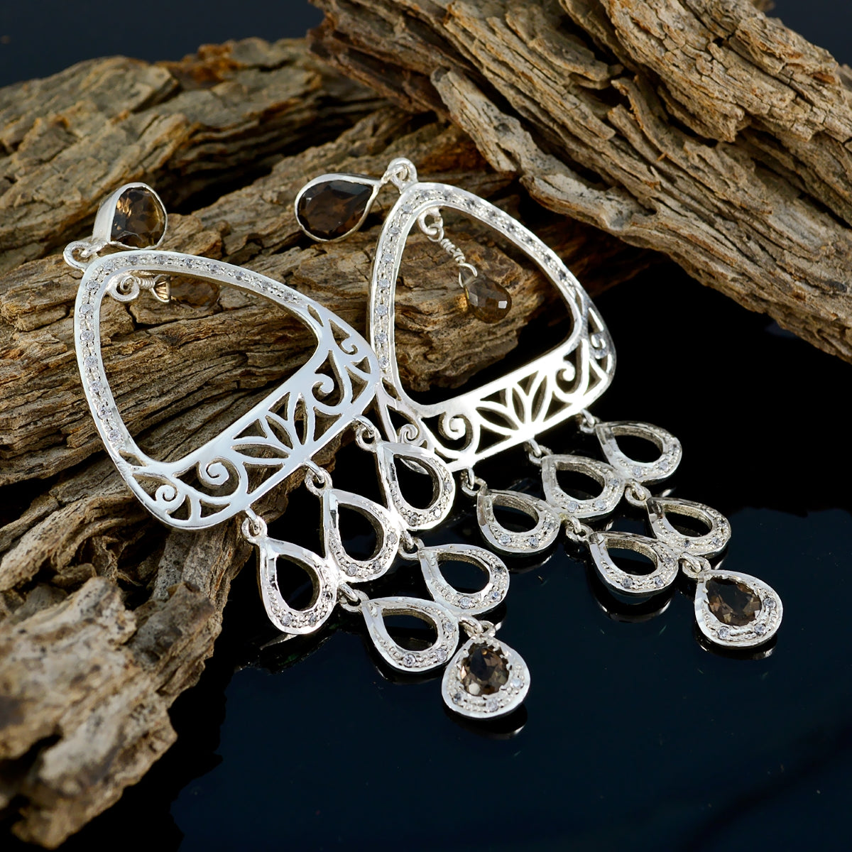 Smoky-Quartz-Indian-Maria-multiple-Dangle-Brown-925-Sterling-Silver-Earring