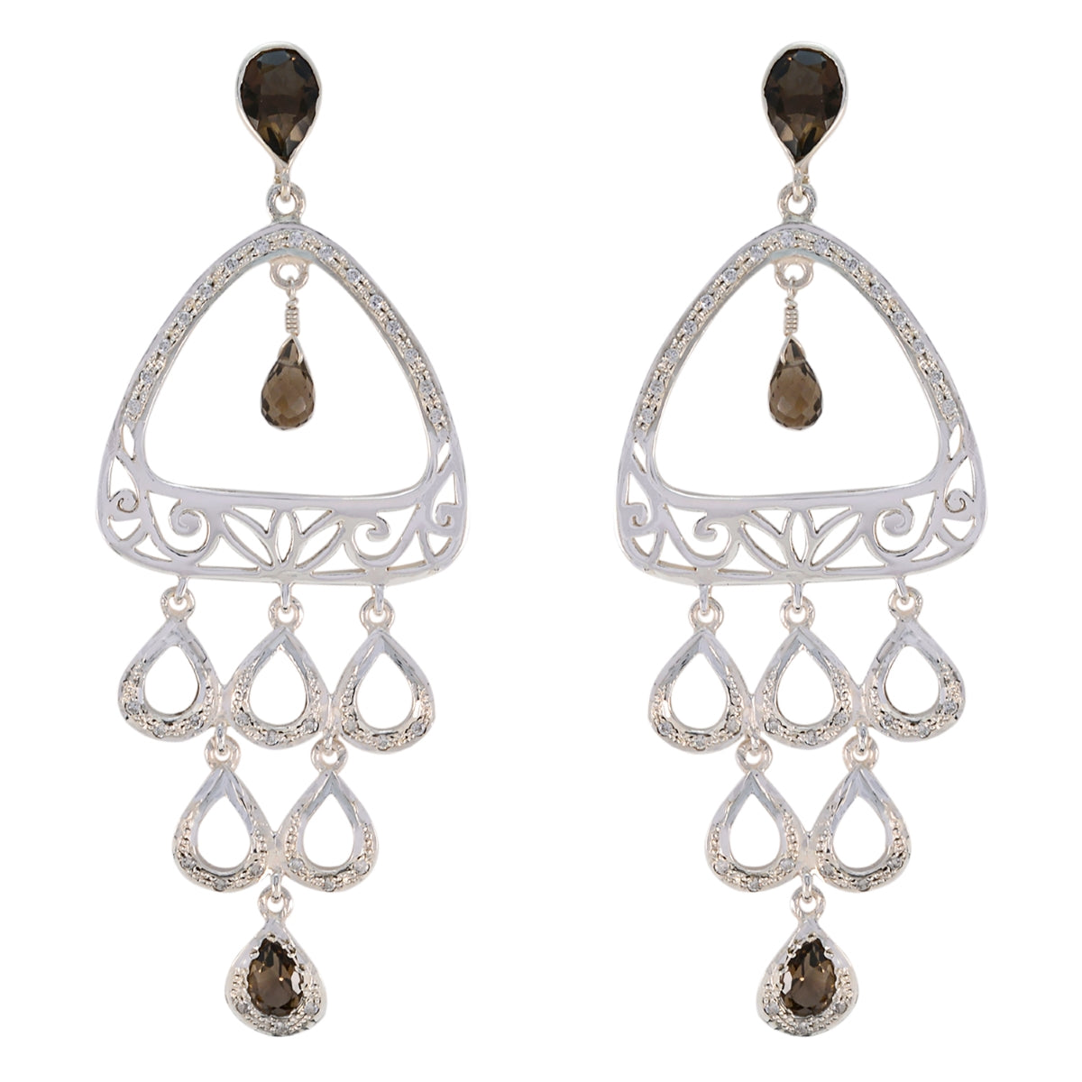 Smoky-Quartz-Indian-Maria-multiple-Dangle-Brown-925-Sterling-Silver-Earring