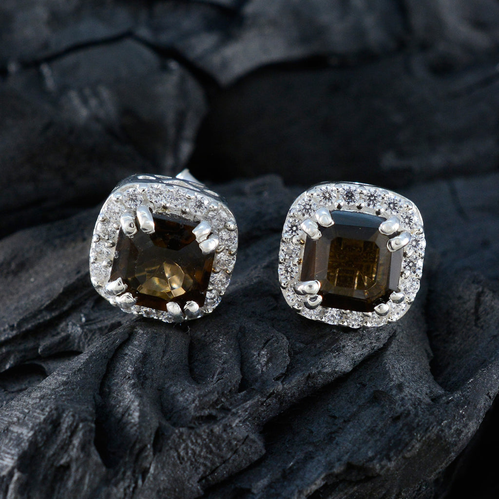 Smoky-Quartz-Korean-Josephine-multiple-Stud-Brown-925-Sterling-Silver-Earring