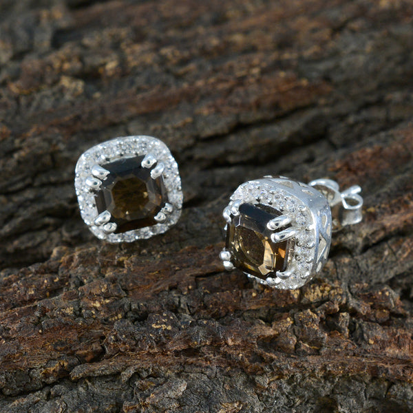 Smoky-Quartz-Korean-Josephine-multiple-Stud-Brown-925-Sterling-Silver-Earring