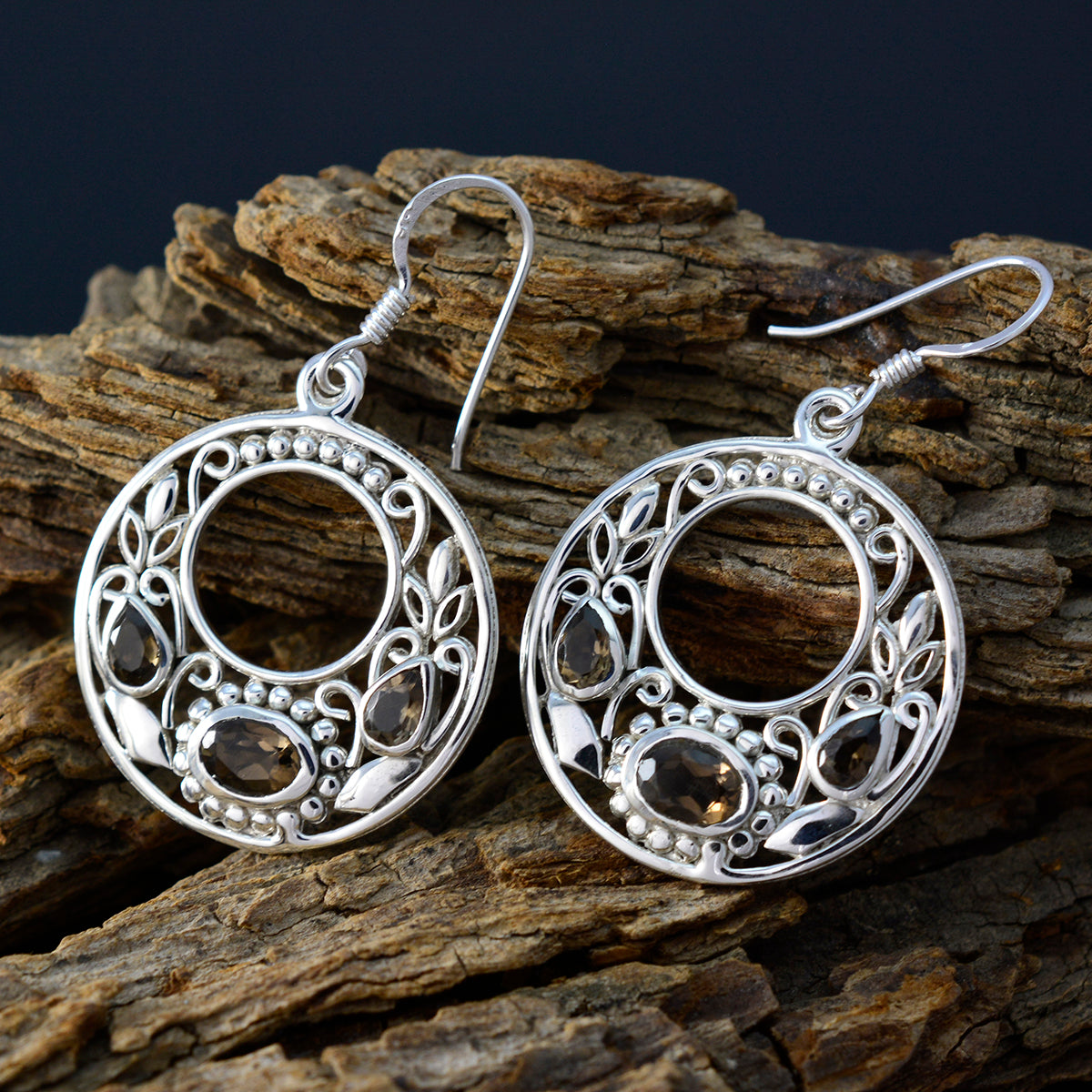 Smoky-Quartz-Latin-American-Ling-multiple-Dangle-Brown-92.5-Silver-Earring