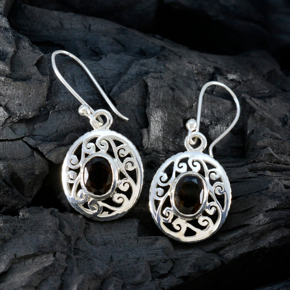 Smoky-Quartz-Middle-Eastern-Ying-Solitaire-Dangle-Brown-92.5-Silver-Earring