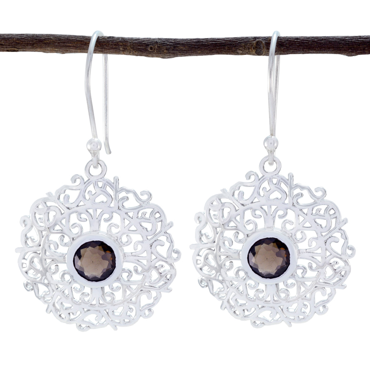 Smoky-Quartz-German-Nella-Solitaire-Dangle-Brown-Silver-Earring