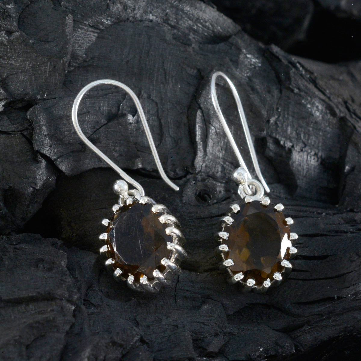Smoky-Quartz-African-Gabriela-Solitaire-Dangle-Brown-Silver-Earring
