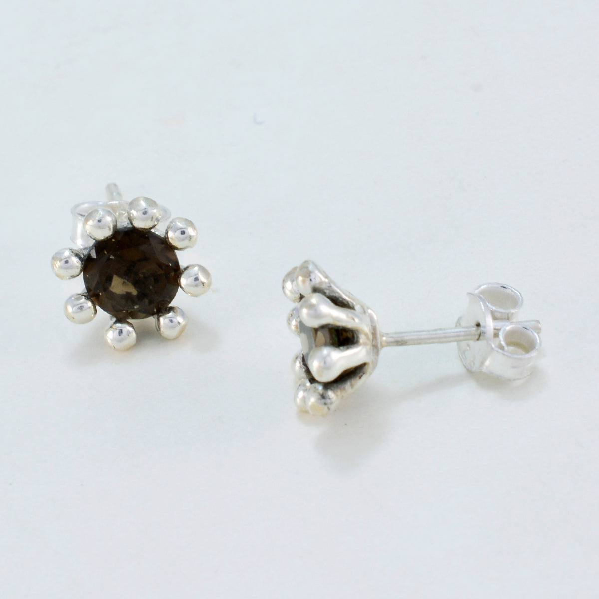 Smoky Quartz Middle Eastern Isadora Solitaire Stud Brown Silver Earring Второстепенное изображение товара