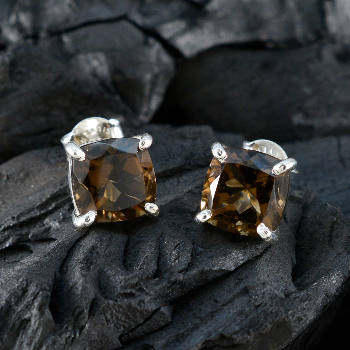 Smoky-Quartz-Latin-American-Antonia-Solitaire-Stud-Brown-Silver-Earring