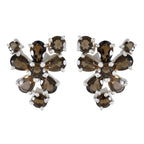 Smoky-Quartz-Japanese-Hazel-multiple-Stud-Brown-Silver-Earring