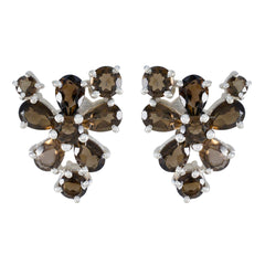 Smoky-Quartz-Japanese-Hazel-multiple-Stud-Brown-Silver-Earring