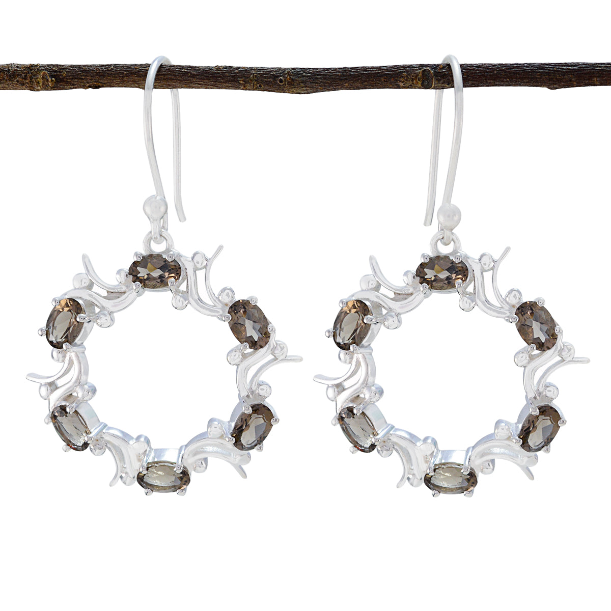 Smoky-Quartz-German-Milagros-multiple-Dangle-Brown-92.5-Silver-Earring