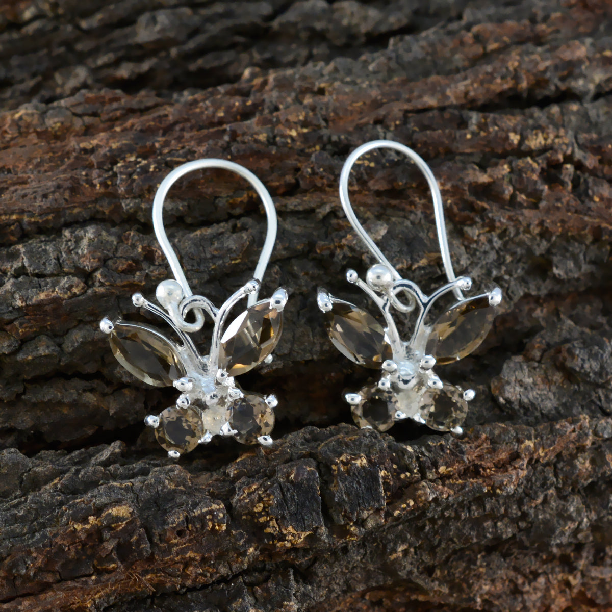 Smoky-Quartz-Russian-Nayara-multiple-Dangle-Brown-Sterling-Silver-Earring