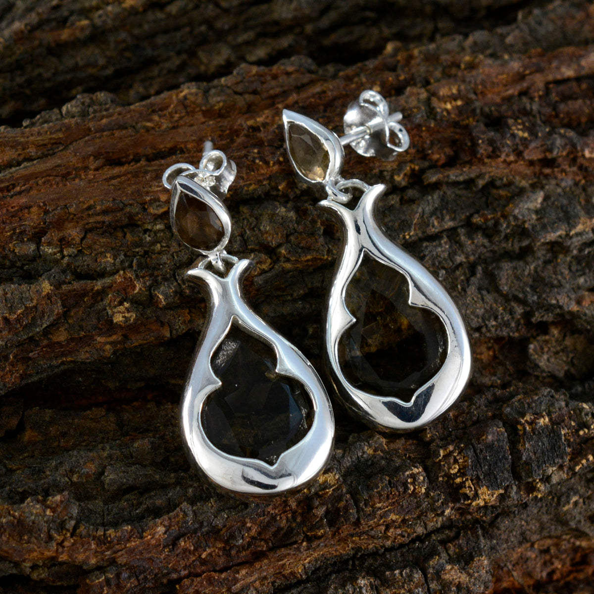 Smoky-Quartz-Turkish-Isabelle-Toi-et-Moi-Stud-Brown-925-Sterling-Silver-Earring