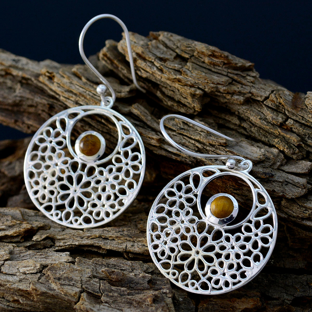 Tiger-Eye-Russian-Agnes-Solitaire-Dangle-Brown-92.5-Silver-Earring