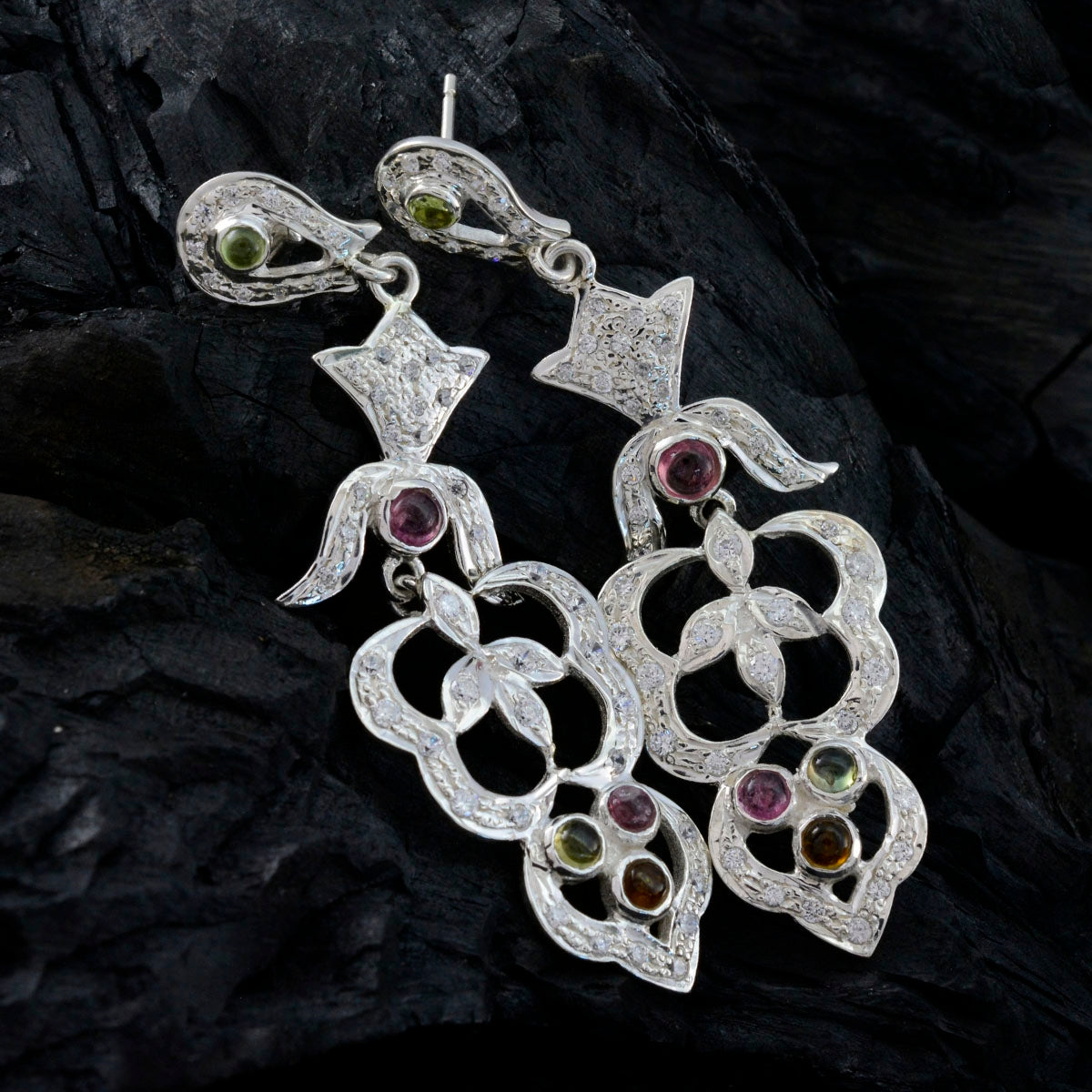 Tourmaline-Indian-Natcha-multiple-Stud-multicolor-Sterling-Silver-Earring