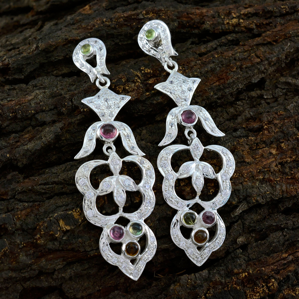 Tourmaline-Indian-Natcha-multiple-Stud-multicolor-Sterling-Silver-Earring