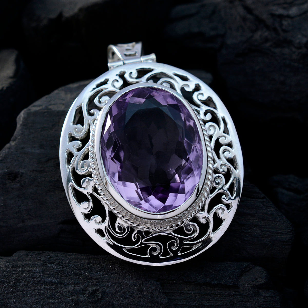 Amethyst Chunky German Sterling Silver Solitaire Nova Geometric Purple Pendant Jewellery