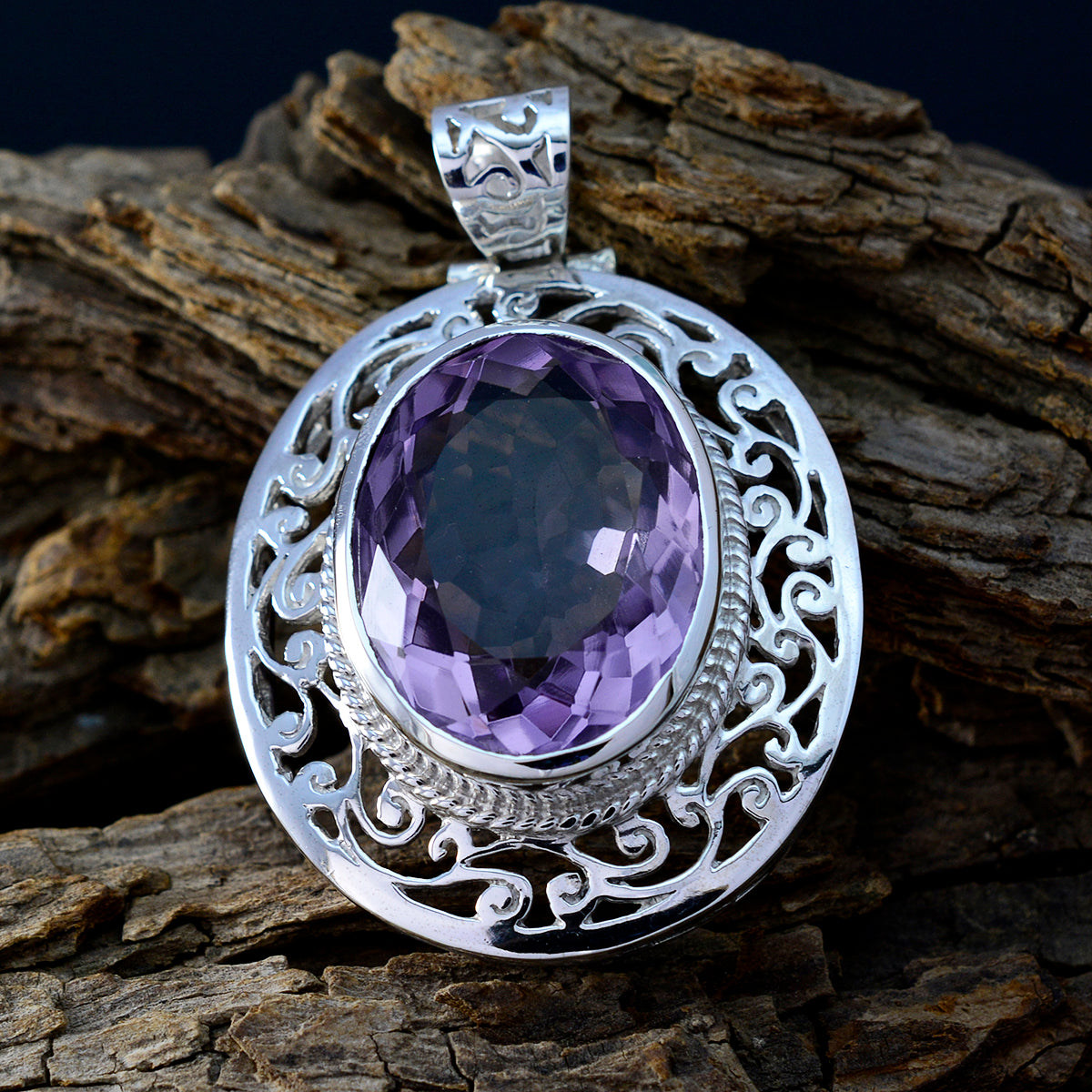Amethyst Chunky German Sterling Silver Solitaire Nova Geometric Purple Pendant Jewellery
