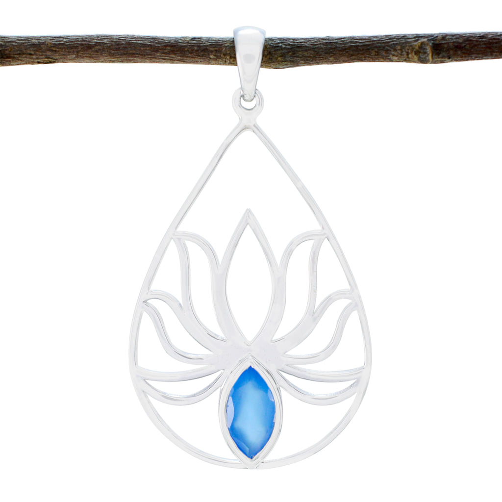 Blue Chalcedony Dainty French 925 Silver Solitaire Blue Pendant