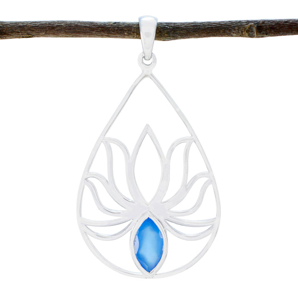 Blue Chalcedony Dainty French 925 Silver Solitaire Blue Pendant