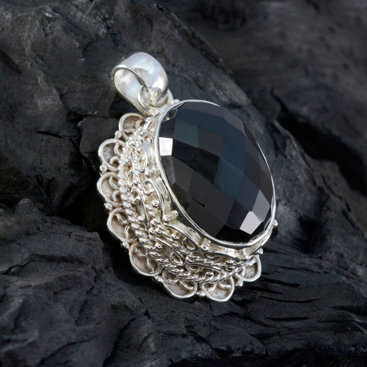 Black Onyx Chunky Latin American 925 Silver Solitaire Fernanda Rope-Wire Black Pendant Jewelry