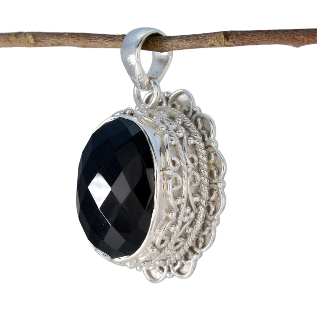 Black Onyx Chunky Latin American 925 Silver Solitaire Fernanda Rope-Wire Black Pendant Jewelry