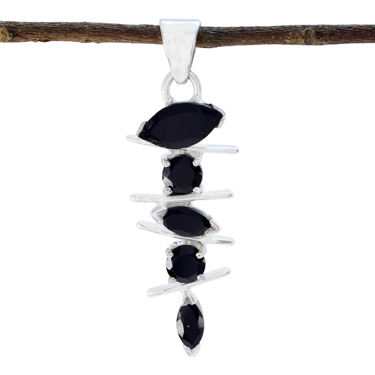Black Onyx Slim Mexican Sterling Silver Penta Ángeles Glamorous Black Pendant Jewellery