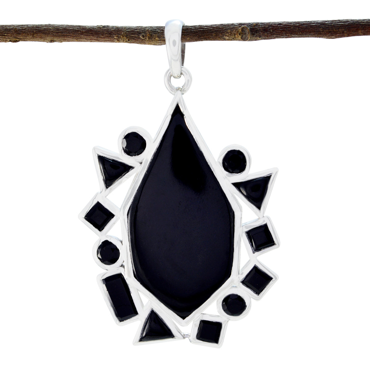 Black Onyx Statement Mexican 925 Silver multiple Black Pendant Hoofdafbeelding