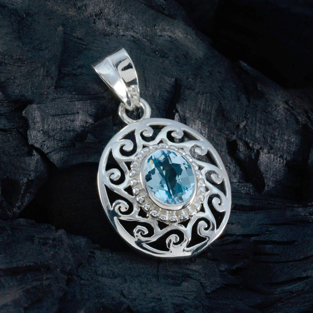 Blue Topaz Whisper-thin Spanish 92.5 Silver Solitaire Ida Filigree Blue Pendant Jewellery