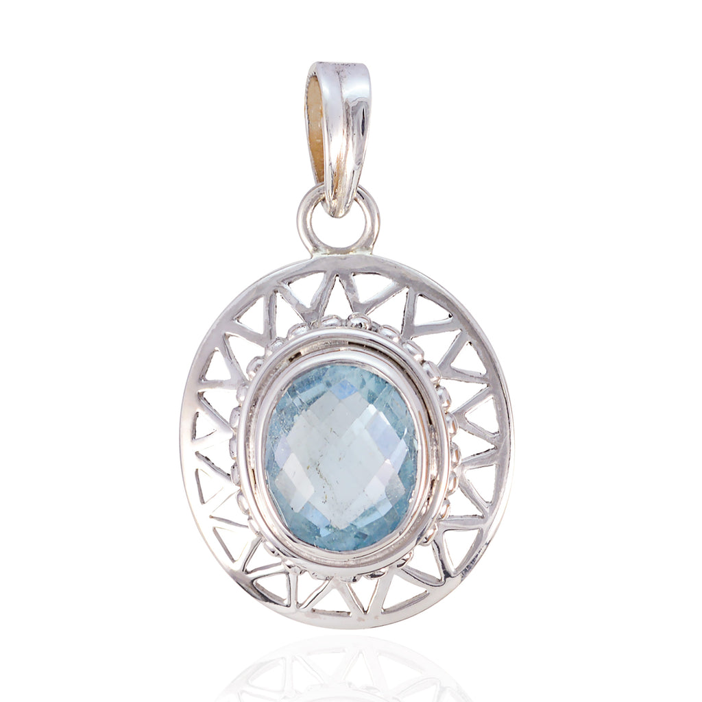 Blue Topaz Eye-catching French Silver Solitaire Blue Pendant