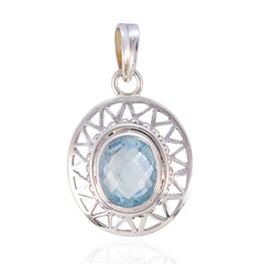 Blue Topaz Eye-catching French Silver Solitaire Blue Pendant