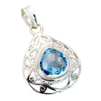 Blue Topaz Slim Italian 92.5 Silver Solitaire Blue Pendant